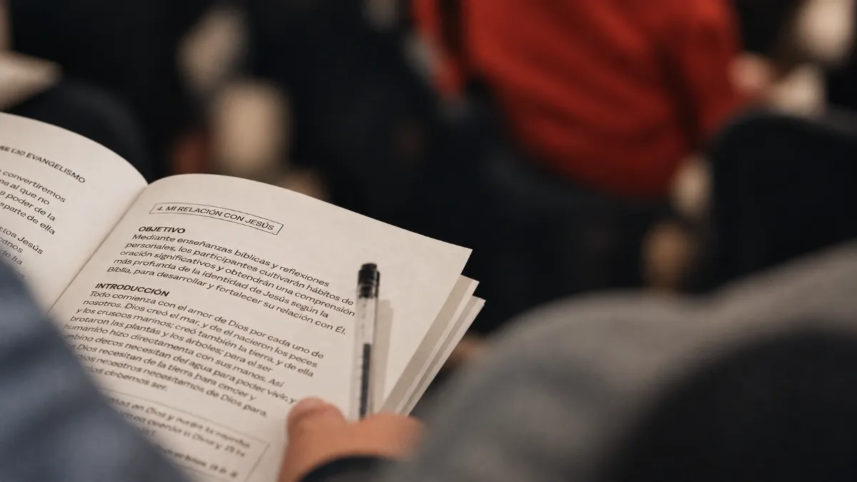 Manual de Discipulado abierto en la lección «Mi relación con Jesús», con una pluma sobre la página