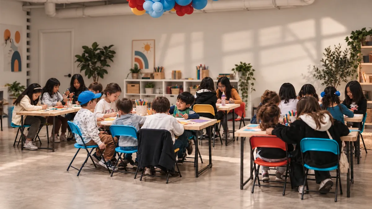 Niñas y niños dibujan y hacen manualidades en mesas de colores en el salón de Mosaic Kids